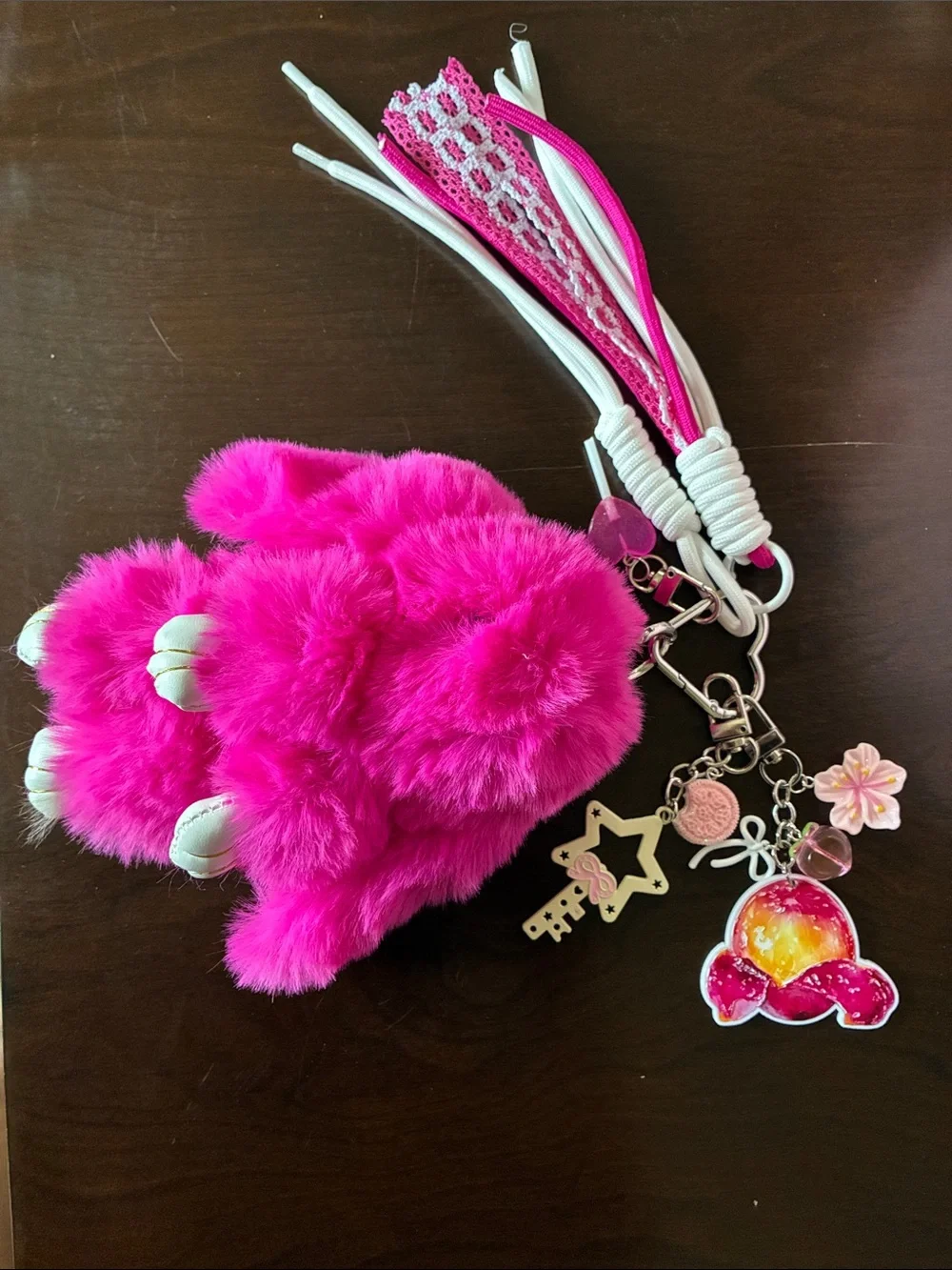 Hot Pink Fluffy Bunny Keychain with Cute Charms